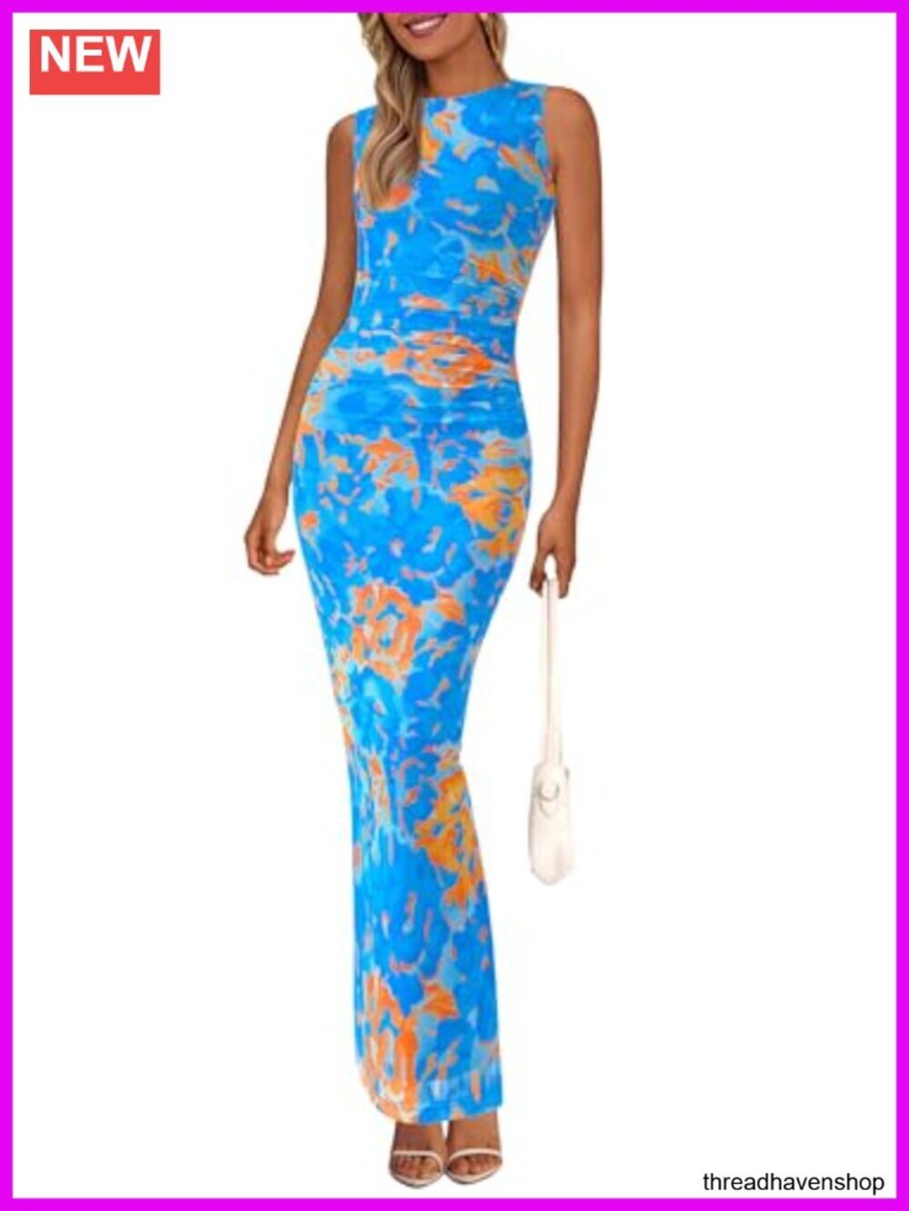 Sleeveless Floral Bodycon Mesh Maxi Dress Ruched